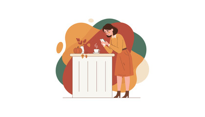 Woman looking at her mobile phone with a sad expression in an autumn scene