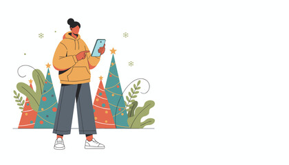 Holiday shopping concept Person uses phone next to decorated Christmas trees and snow
