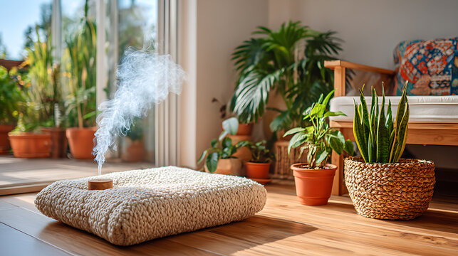 Self-care rituals for well-being in a serene indoor space with plants and natural light