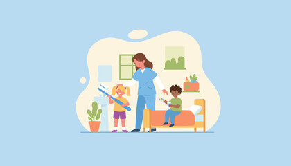 Healthcare professional teaching kids dental hygiene and administering medicine