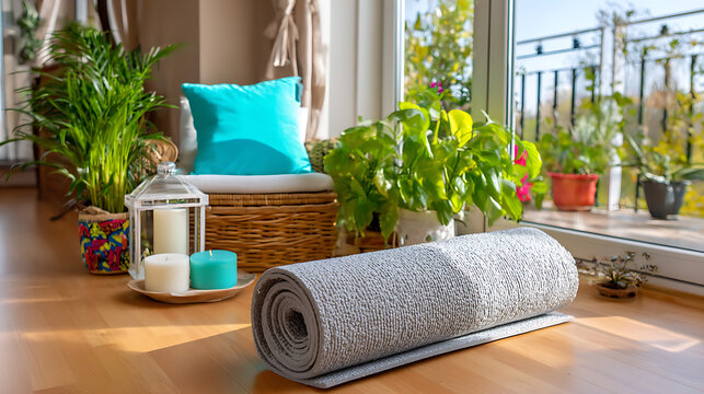 Self-care and well-being rituals home yoga space indoor relaxation environment natural light viewpoint - Powered by Adobe