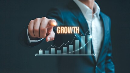 A business professional in a dark suit points their finger towards a glowing word 'GROWTH' superimposed over a rising bar graph with a dark blue gradient background, symbolizing financial progress