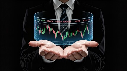 A businessman in a sharp suit presents a glowing, futuristic holographic stock market display, showcasing fluctuating graphs and financial data with an array of vibrant green and red lines projected