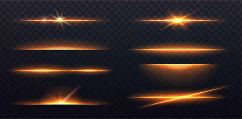 Vector illustration. Light line beams and glow sparks of spotlight in orange color.