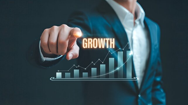 A business professional in a dark suit points their finger towards a glowing word 'GROWTH' superimposed over a rising bar graph with a dark blue gradient background, symbolizing financial progress