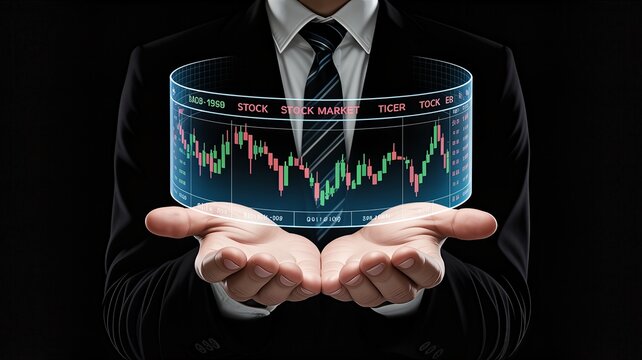 A businessman in a sharp suit presents a glowing, futuristic holographic stock market display, showcasing fluctuating graphs and financial data with an array of vibrant green and red lines projected