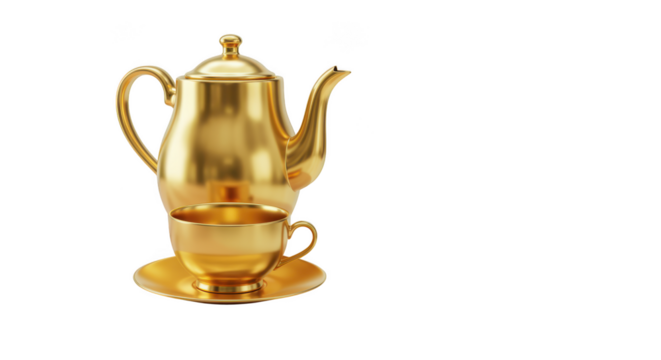 Elegant antique gold coffee pot and cup set isolated on transparent background