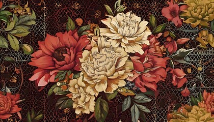 A vibrant floral arrangement featuring lush blooms in shades of red, cream, and yellow against a dark, textured background