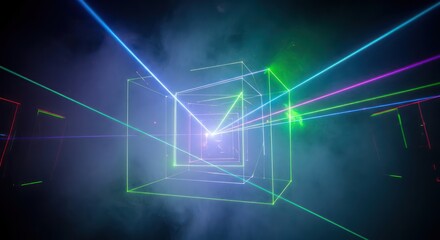 Multidimensional laser grid of futuristic geometric abstractions illuminating a dark space