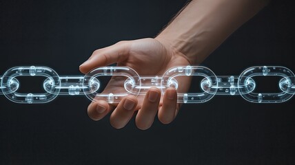 A human hand gently holds a glowing, translucent chain link structure against a dark, textured background, symbolizing connection and security.