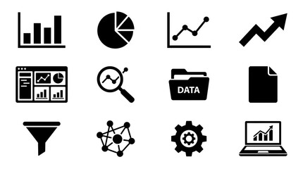 A collection of black and white data analysis icons representing statistics and information graphics