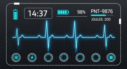 Futuristic medical interface displaying vital signs and device parameters in real time