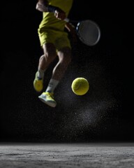 Tennis player jumping to hit ball with dramatic lighting and motion blur
