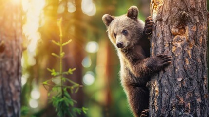 Obraz premium Young Brown Bear Cub Climbing Tree in Sunlit Forest Scene