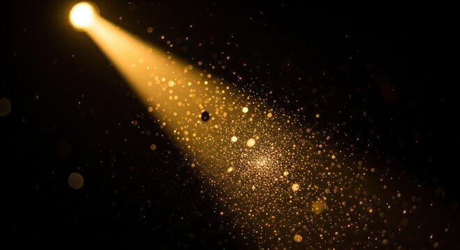 Dramatic light beam illuminates a cascade of golden dust particles creating a captivating mystical