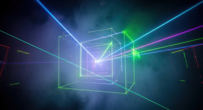 Multidimensional laser grid of futuristic geometric abstractions illuminating a dark space