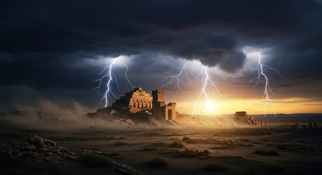 Dramatic lightning strikes ancient ziggurat ruins in desolate landscape at dusk during a sandstorm