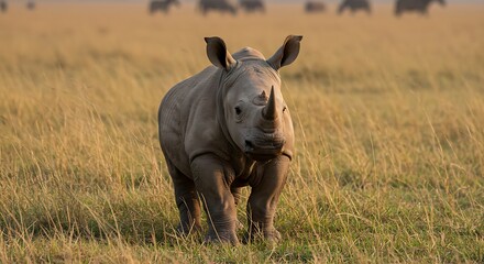 Obraz premium A young rhinoceros walks across a grassy savanna during golden hour.