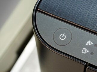 Close up printer on or off power button isolated on horizontal ratio background.
