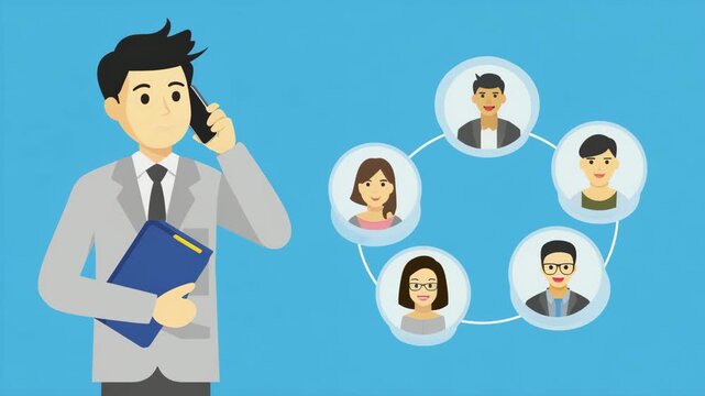 Manager Holding Clipboard Talking on Phone with Employee Network Circle Illustration