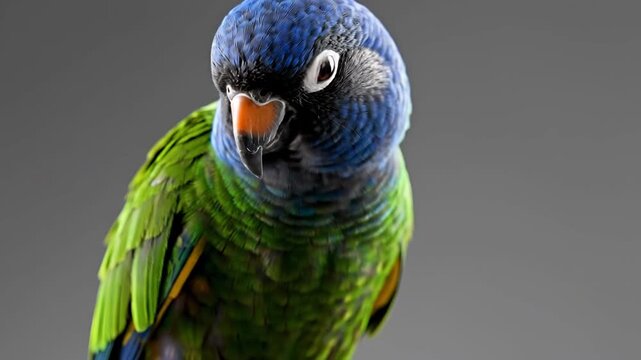 Close up portrait of a brightly colored exotic bird with blue head and green body