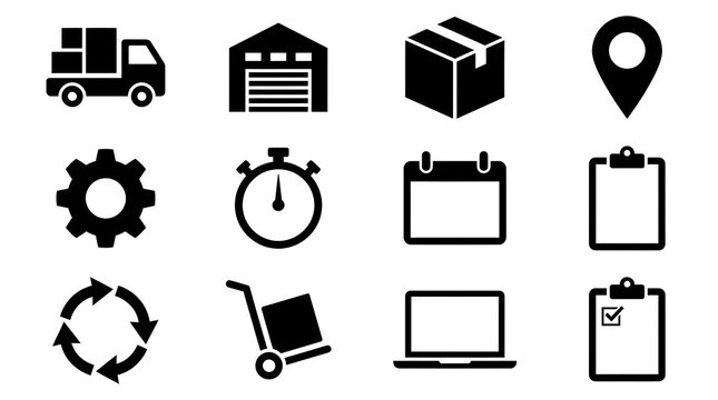 Black and white logistics icons including a truck warehouse box location gear timer and clipboard set
