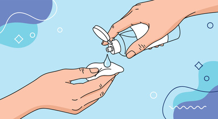Hands pouring a clear liquid from a bottle onto a cotton pad, illustrating a skincare or first aid routine on a blue background.