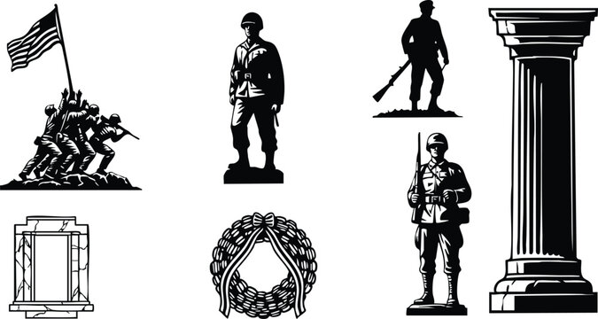 Monochrome vector art set of military memorial silhouettes with soldiers flag raising laurel wreath marble frame and tall classical column for remembrance day tribute - Powered by Adobe