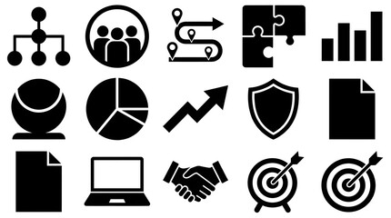 A collection of business related icons including charts graphs and collaboration tools in black and white