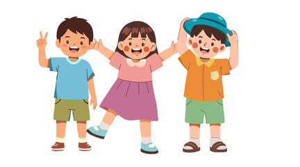 Happy children group. Cute diverse cheerful kids celebrating with Joyful excited kindergarten friends, little girls and boys. Flat graphic vector illustration isolated on white background