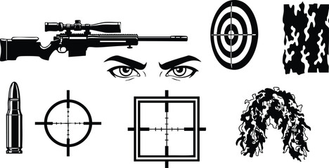 Black vector art collection of sniper rifle with scope intense eyes bullet crosshair targets camouflage pattern and ghillie hood in bold silhouette style
