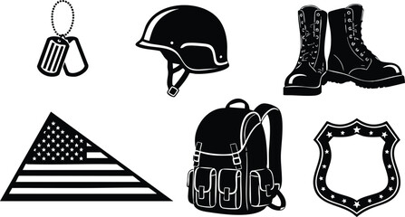 Black silhouette vector art of military gear with combat boots helmet backpack dog tags badge and folded flag arranged in scattered layout on white background