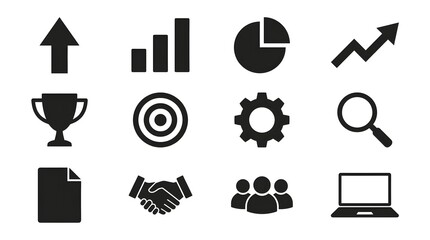 Collection of business icons showing growth, success, teamwork, and technology on a white background
