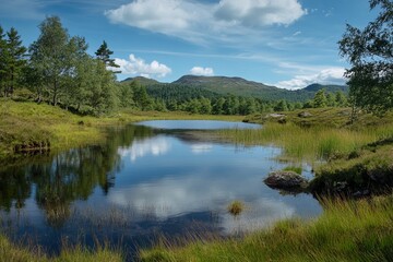 Serene mountain loch, reflections, lush banks
