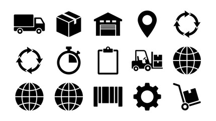 Illustration of logistics and delivery icons including truck box warehouse and other related symbols