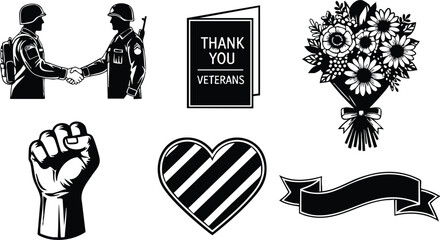 Monochrome vector icons of soldiers handshake thank you veterans card flower bouquet raised fist striped heart and ribbon banner for veterans day gratitude theme