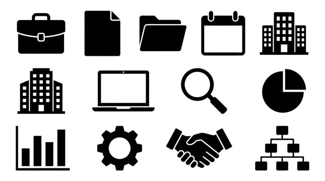 Set of business icons including briefcase document folder calendar building laptop chart and handshake