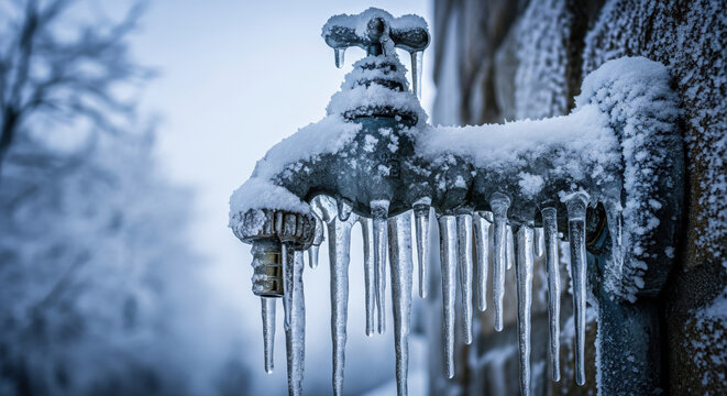Frozen outdoor faucet with long hanging icicles