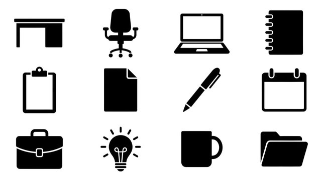 Office essentials icons arranged in a grid featuring desk chair laptop and various stationery items - Powered by Adobe