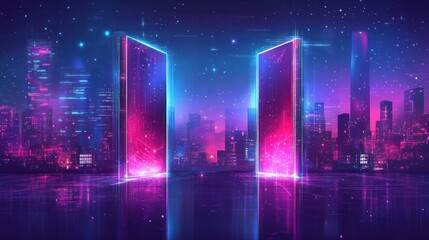 Futuristic city gateway at night with neon lights.
