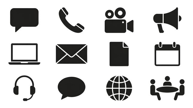 A collection of communication icons including speech bubbles and meeting arrangement symbols shown