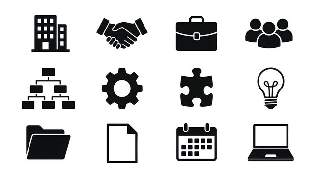 A collection of business icons including building handshake briefcase and organizational chart symbols