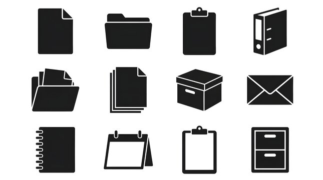 Collection of black and white office icons including file folder and calendar illustrations