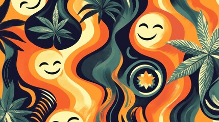 Happy faces and cannabis leaves in an abstract, wavy pattern.