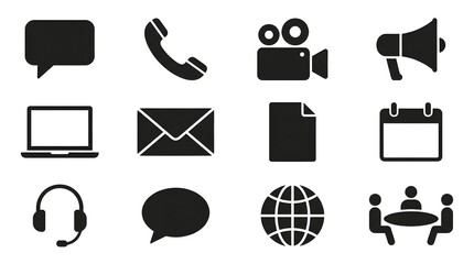 A collection of communication icons including speech bubbles and meeting arrangement symbols shown