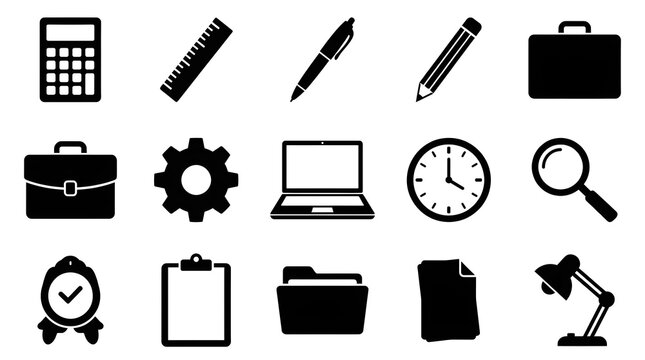 A collection of office and business related icons including stationery and technology in black and white