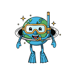 Obraz premium Cartoon Earth Character Ready for Underwater Adventure with Snorkel and Flippers.