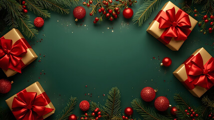 Christmas Flat Lay Background with Golden Gift Boxes, Red Ornaments and Pine Branches on Green