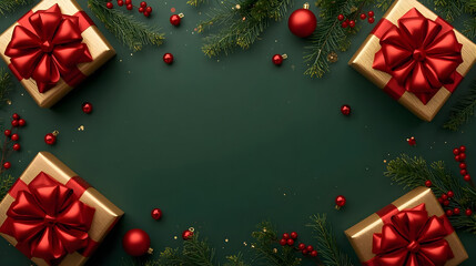 Christmas Flat Lay Background with Golden Gift Boxes, Red Ornaments and Pine Branches on Green