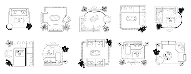 Furniture arrangement, top view. A set of furniture for the living room. CAD drawings